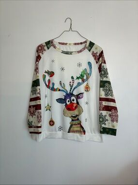 Women’s White Holiday Reindeer Long-Sleeve Top Size 3XL